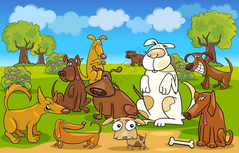 草地上狗的漫画插图图片
