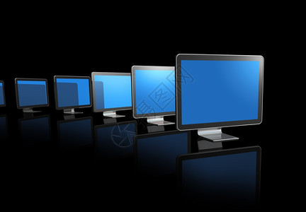 许多3D电视计算机屏幕在黑色的3D电视屏幕上被隔离图片