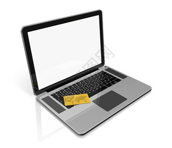 3d在笔记本电脑上制作一张金信用卡以白色和剪切路径隔离在白色上笔记本电脑上制作的金信用卡图片