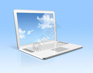 3d白色笔记本电脑天空在屏幕上蓝色隔离有2条剪切路径一为全球场景另一条为屏幕白色笔记本电脑蓝色天空屏幕隔离图片