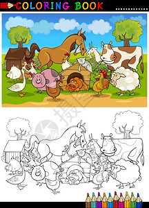 为儿童教育提供有趣的农场和牲畜彩色书籍或页面漫画插图图片