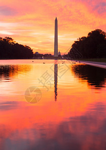 黎明时亮红日和橙色出在林肯纪念馆的新反射泳池中映着华盛顿纪念碑图片