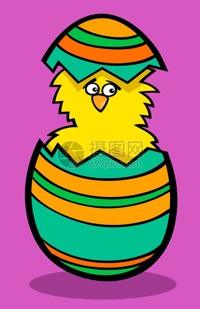 漫画插图滑稽的小黄鸡或以彩色的蛋壳东面鸡图片