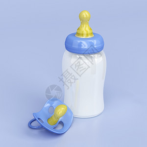 奶瓶和奶嘴在蓝色的背景上图片