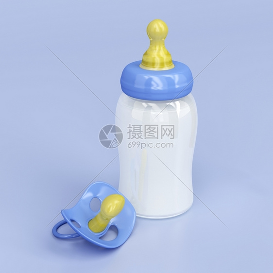 奶瓶和奶嘴在蓝色的背景上图片