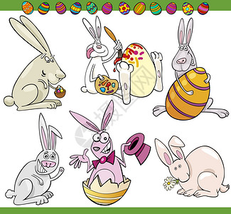 以小兔子和鸡蛋展示欢乐的复活节主题卡通插图图片