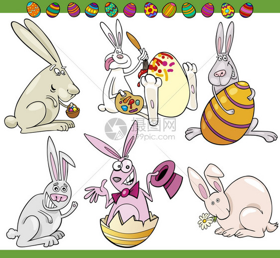 以小兔子和鸡蛋展示欢乐的复活节主题卡通插图图片