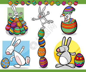 以兔子和小鸡蛋来展示复活节快乐主题的卡通插图图片