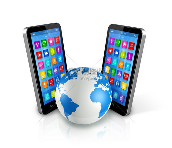 世界全球3个智能手机孤立在白全球通信概念上图片