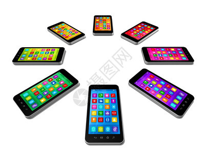 3d智能手机颜色组应用程序图标接口白色上隔离图片