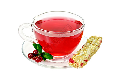 茶杯浆果和绿叶红莓白底孤立的花粉图片