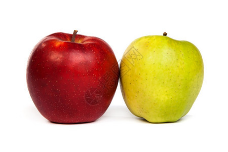 一个闪亮的红绿苹果孤立在白色背景上图片