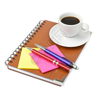 白背景上的咖啡和笔记本咖啡杯图片