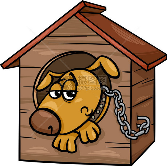 木房子里被关着的可怜小狗卡通矢量插画图片