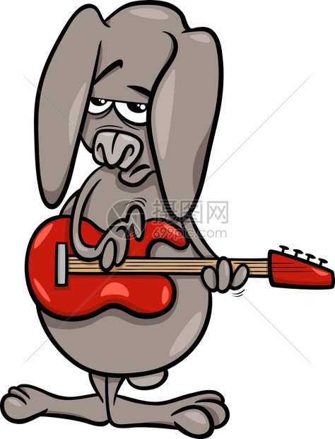 漫画插图滑稽兔子在贝斯电吉他上玩摇滚图片