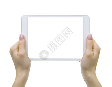 女手握平板触摸计算机工具有隔离屏幕图片