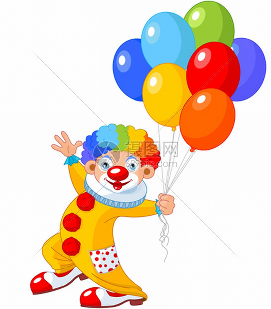 有趣的小丑拿着气球矢量插图图片