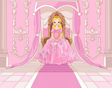 迷人的公主坐在粉红色大厅的宝座上图片