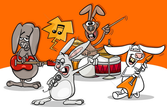 滑稽兔子乐队演奏摇滚音会的漫画插图图片