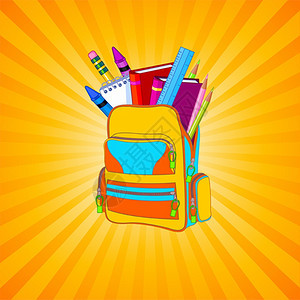 黄色背景的书包与学校用品插图图片
