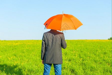 男人在雨伞下阳光明媚的日子里在田图片