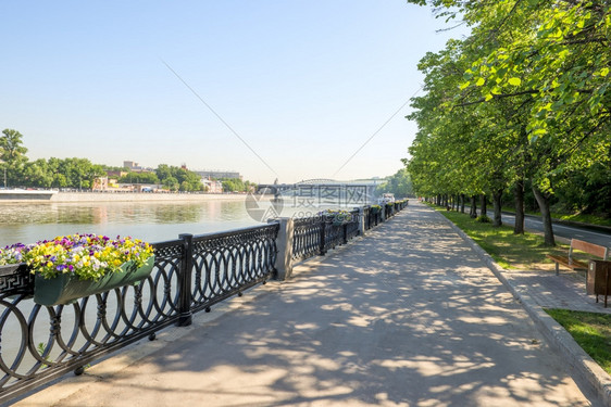 在阳光明媚的夏日清晨莫斯科河堤岸图片