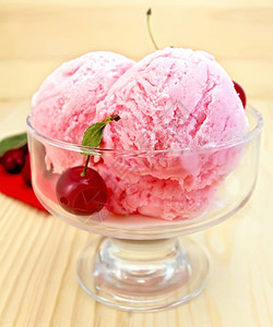 一个玻璃碗中樱桃冰淇淋上面有红纸和木板背景的浆果图片