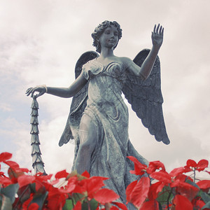 花园上的天使雕塑具有后退过滤效果图片