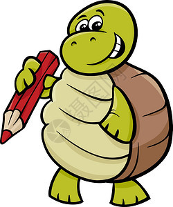带铅笔的滑稽海龟动物人漫画插图图片