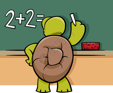解决黑板数学问题的滑稽海龟动物人漫画插图图片