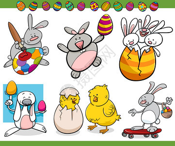 以小兔子和鸡蛋为主题的复活节快乐主题的漫画插图图片