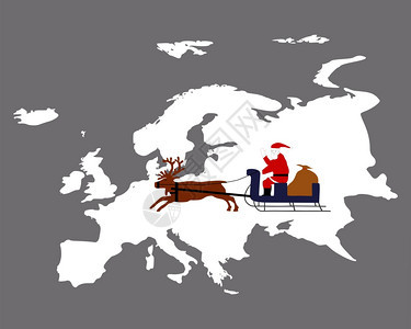 SantClus骑着他的驯鹿雪橇骑在欧洲大陆上空图片