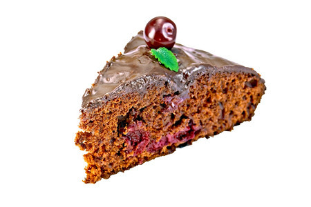 一块巧克力蛋糕有樱桃和薄荷孤立在白色背景上图片