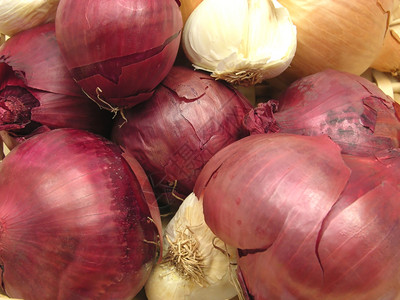 红洋葱和白色大蒜在特端视图中图片