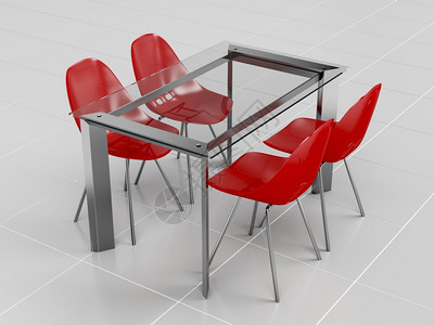 玻璃餐桌和红色透明塑料椅图片