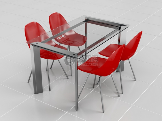 玻璃餐桌和红色透明塑料椅图片