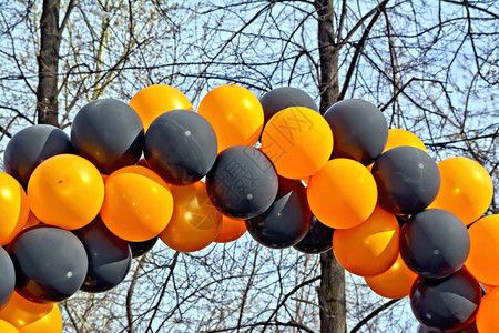 与树底和蓝天空有关的黑橙色气球图片