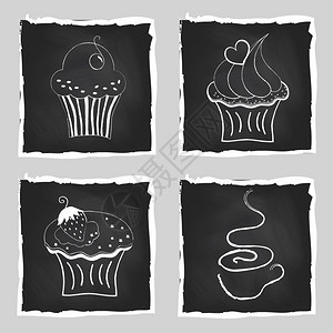 黑色板背景的一副可爱明亮纸杯蛋糕和一咖啡手工绘制的矢量图示图片