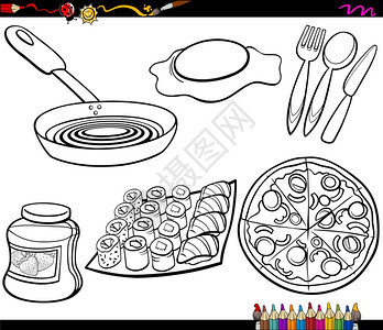 厨房和食物品的彩色书籍漫画插图图片
