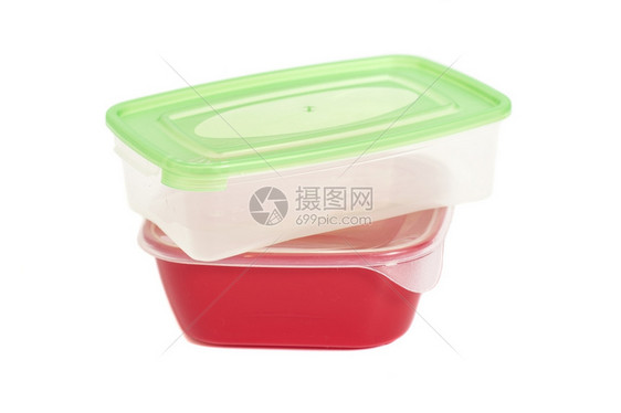 白色隔离的食品塑料容器堆图片