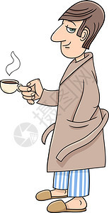 在浴袍中用咖啡杯插画男子的漫图片