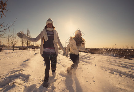 年轻女士们在美丽的冬日开心玩雪景图片