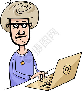 电脑漫画用笔记本工作的人插画