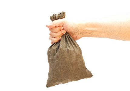 礼物袋白背景上男人手布麻袋背景