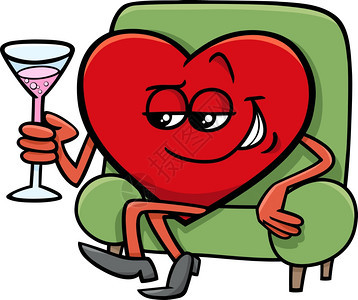 在情人节用香槟杯展示心脏角色的卡通插图图片