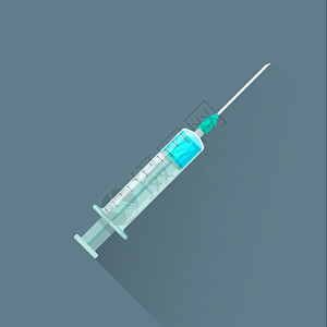矢量医疗带蓝色液态铁针插图的有色平板药用塑料注射器与黑暗背景隔绝