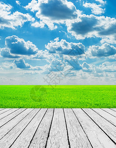 蓝色天空下的绿地木板美貌自然背景图片