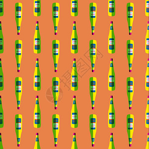 a橙色背景xa的矢量彩色流行艺术风格柠檬黄酒瓶无缝模式图片