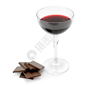 白色背景上隔绝的玻璃葡萄酒和巧克力图片