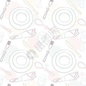 餐具无缝图案手绘各种餐具如勺子叉刀杯和盘放在桌上矢量背景图片